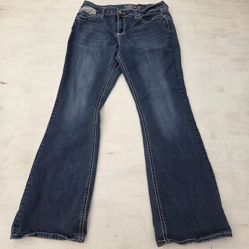 Love Indigo Jeans Womens 16 Blue Mid Rise Bootcut Sequins Stretch Stains